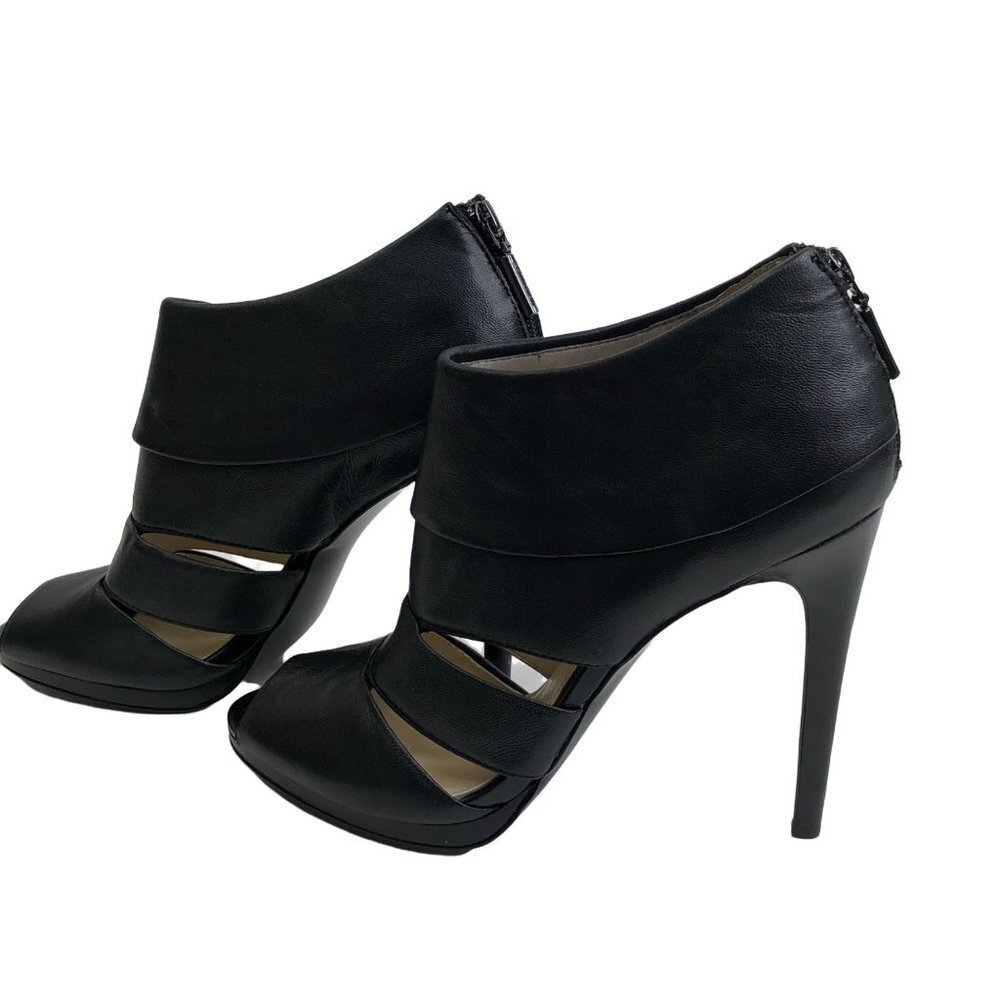 CALVIN‎ KLEIN Peep Toe Black Leather Stiletto Booties  'Patrish' SZ 10m